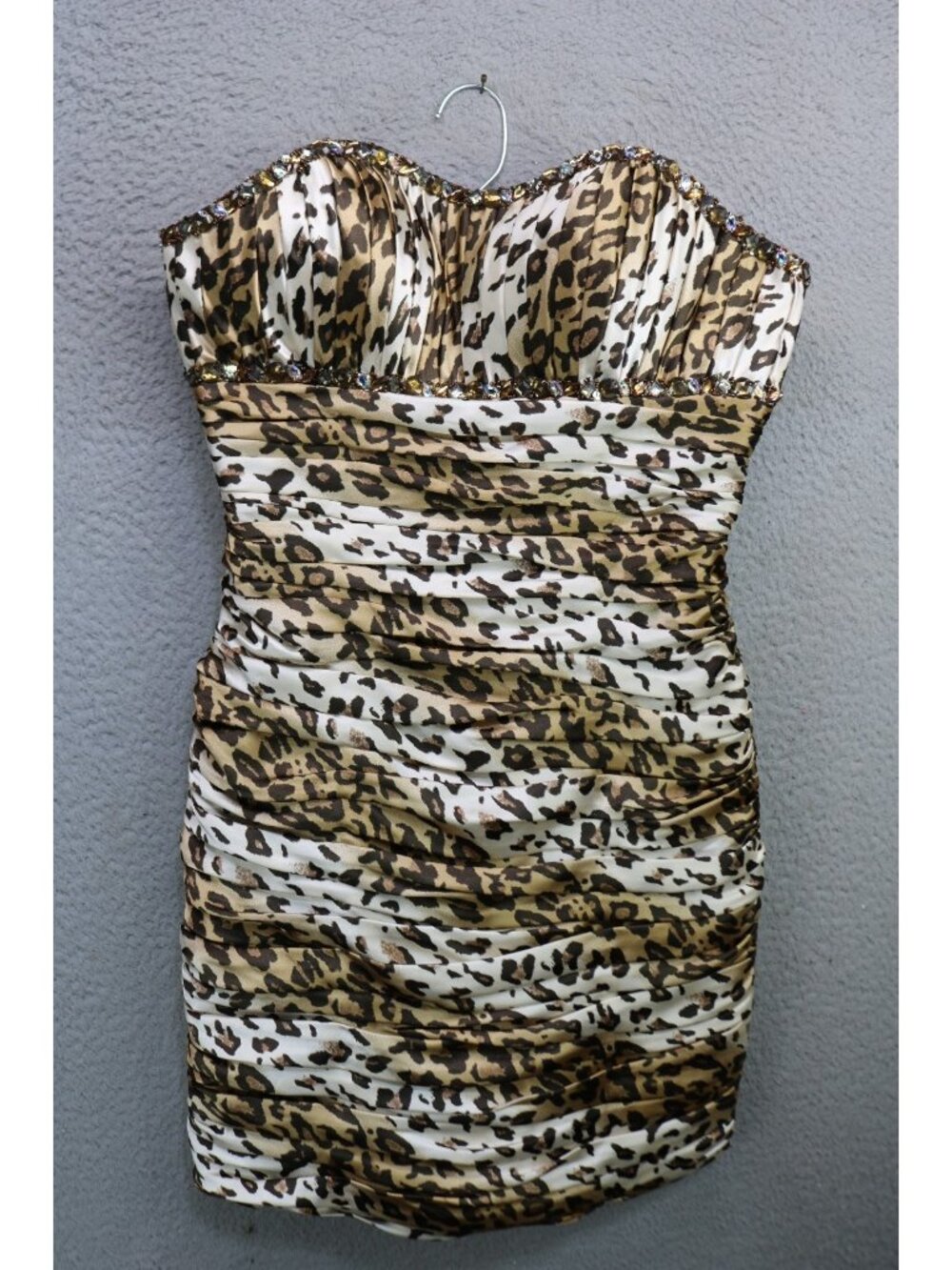 Cassandra Stone Strapless Beaded Leopard Print Bodycon Mini Dress-Sz 8-Designer